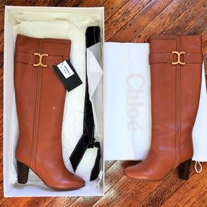 Chloe Designer Knee High Brown Tan Leather Boots 6